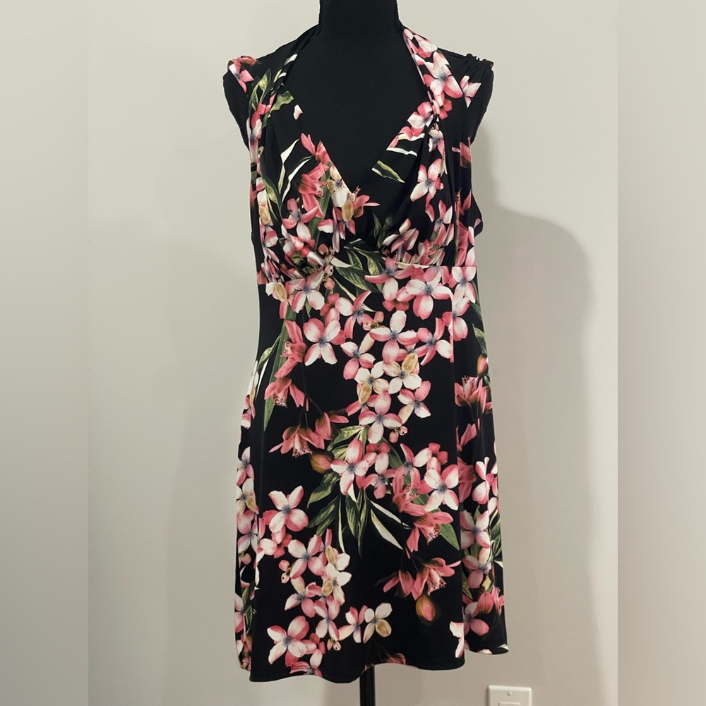 Connected Apparel Black Floral Mini Dress with halter top feature
